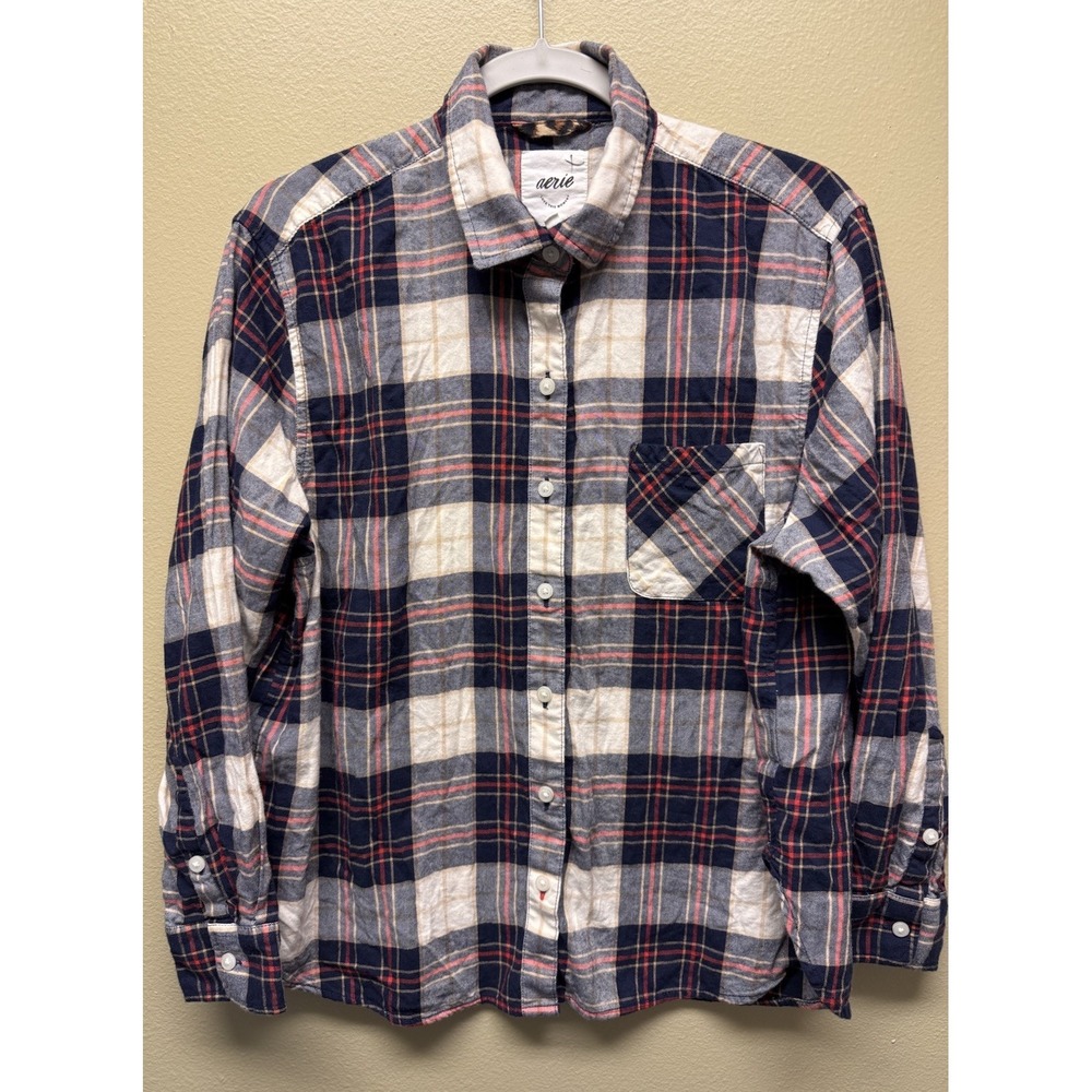 Aerie Shirt Flannel Plaid Button-Up Red Blue Tan SIze XS Pocket Preppy L/S
